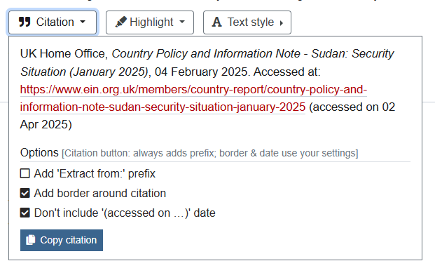 Citation tool button settings