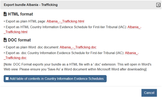 Export dialog